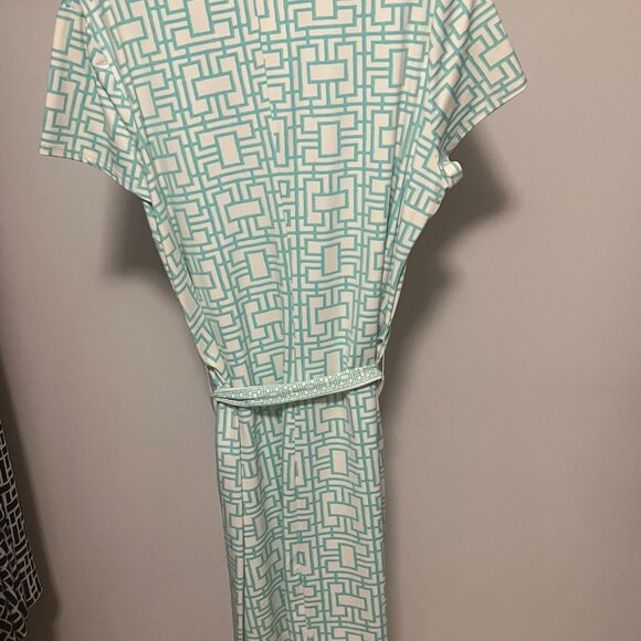 Elizabeth McKay ShiftDress Size L Off-White Blue Green Print Short Sleeve - Picture 3 of 5